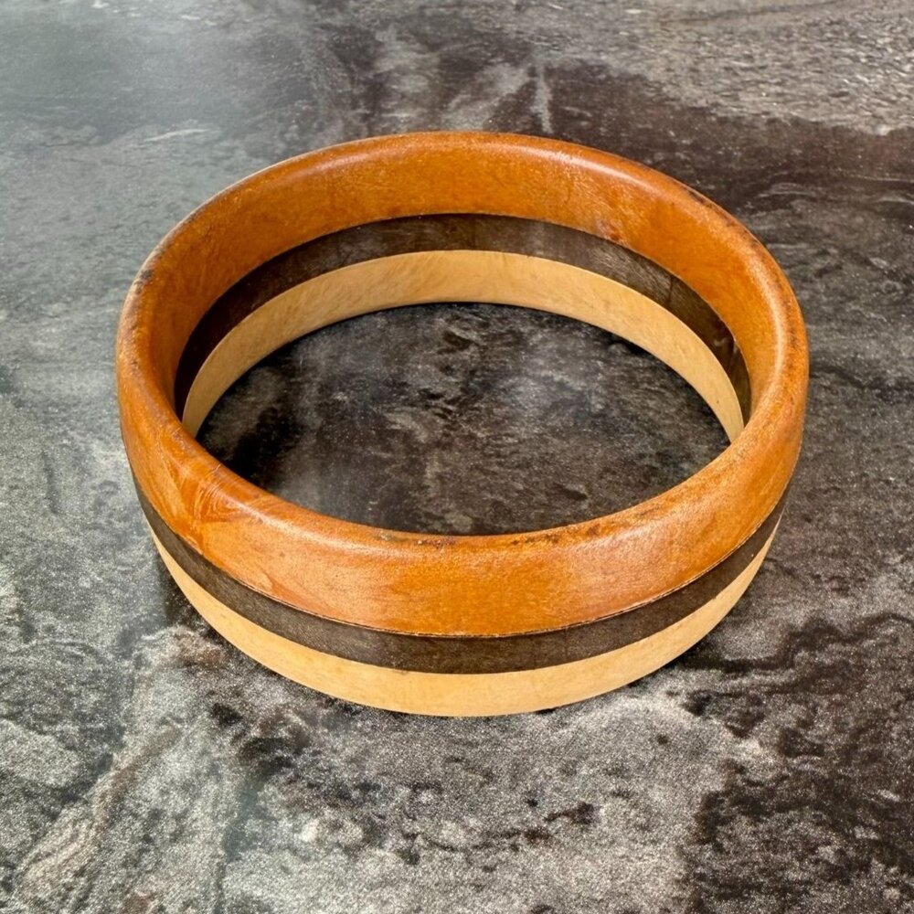 Handcrafted Wooden Bangle Bracelet With Natural Finish and Dark Accent Band Boho
